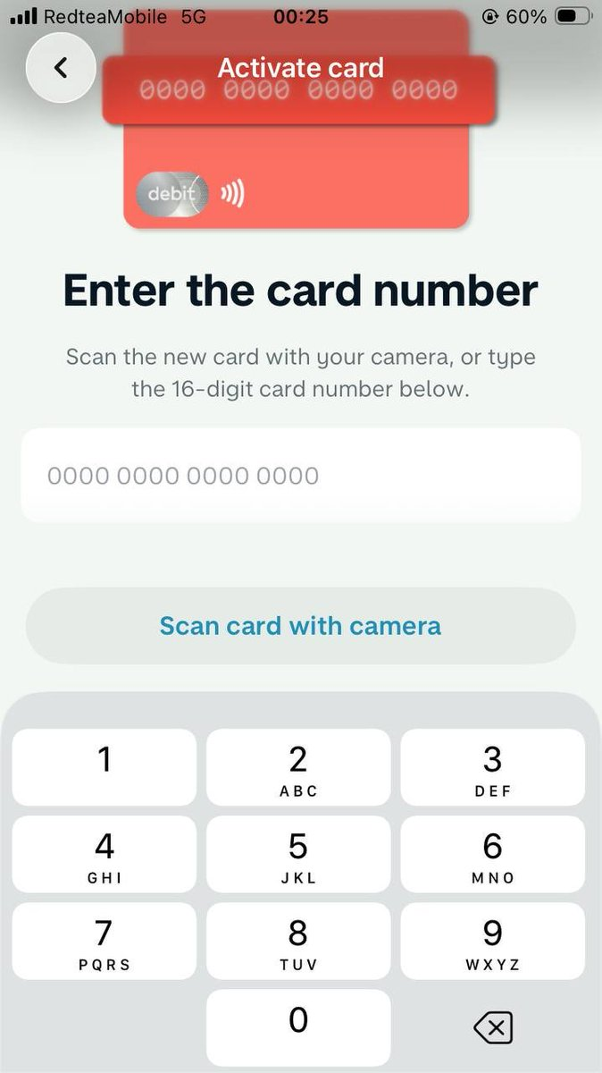 Monzo 16-digit card activation screen