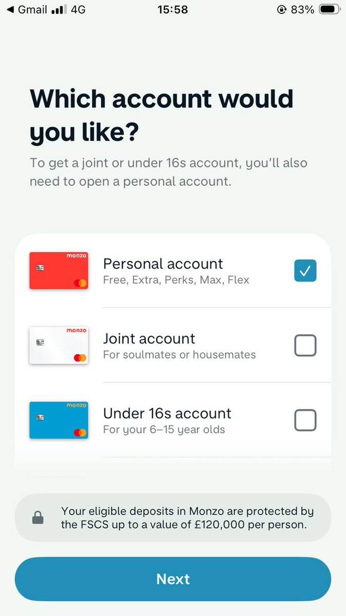 Select Personal Account tier in Monzo app