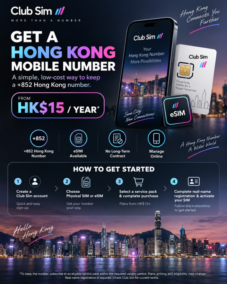 Get a Hong Kong Mobile Number from HK per year with Club Sim eSIM