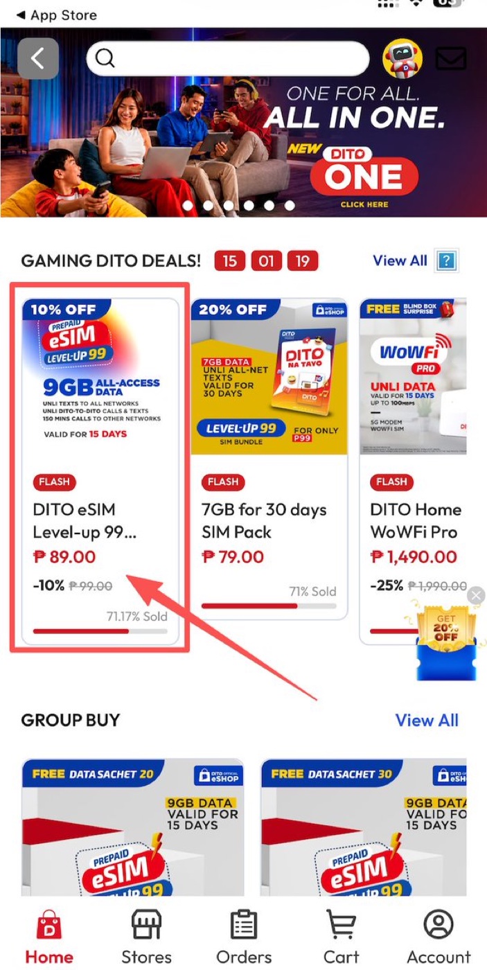 DITO eShop deals with the ₱89 DITO eSIM Level-up 99 highlighted.