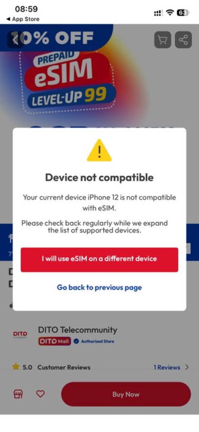 A 'Device not compatible' popup with the option to use the eSIM on a different device.