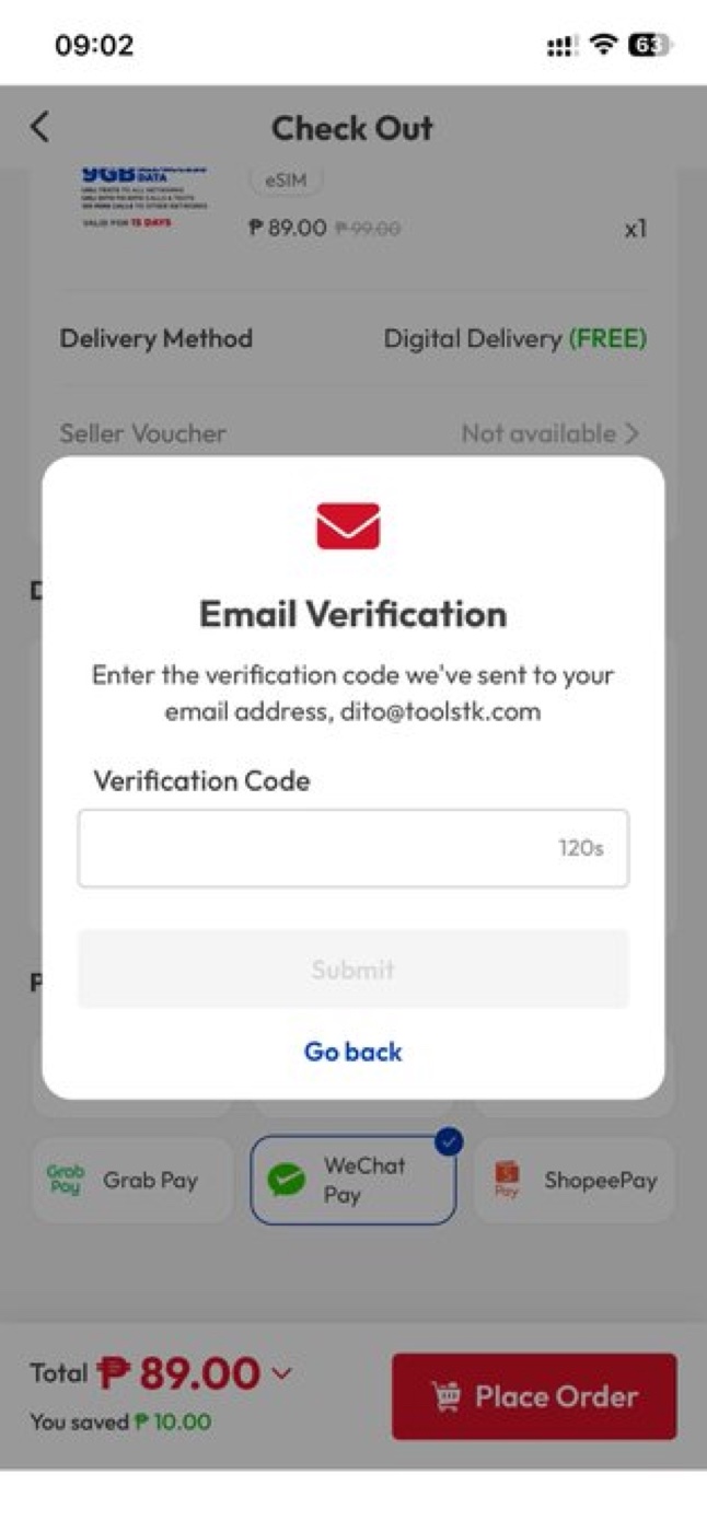 The email verification screen asking for the code sent to your email.