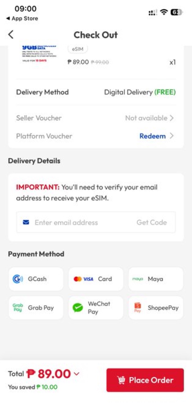 The DITO checkout showing payment methods including WeChat Pay, total ₱89.