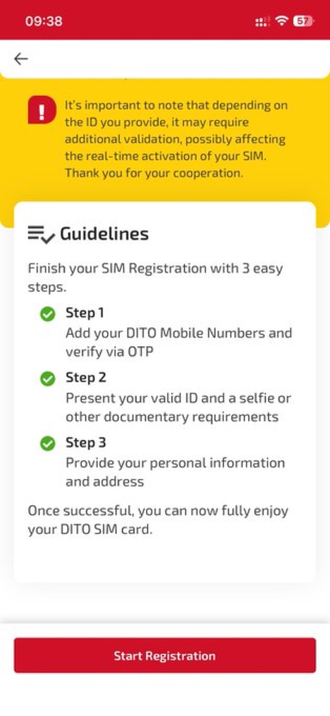 DITO SIM registration guidelines: three steps — add and verify your number, present a valid ID and selfie, provide personal info and address.