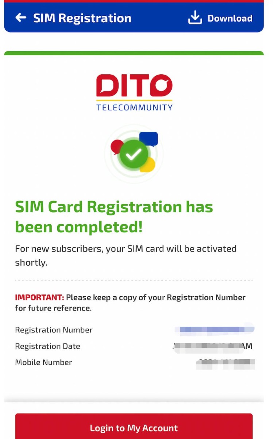 The 'SIM Card Registration has been completed' confirmation screen with the registration number.