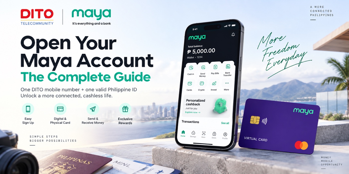 Open your Maya account — the complete guide: one DITO mobile number plus one valid Philippine ID, showing the Maya app and a virtual Mastercard.