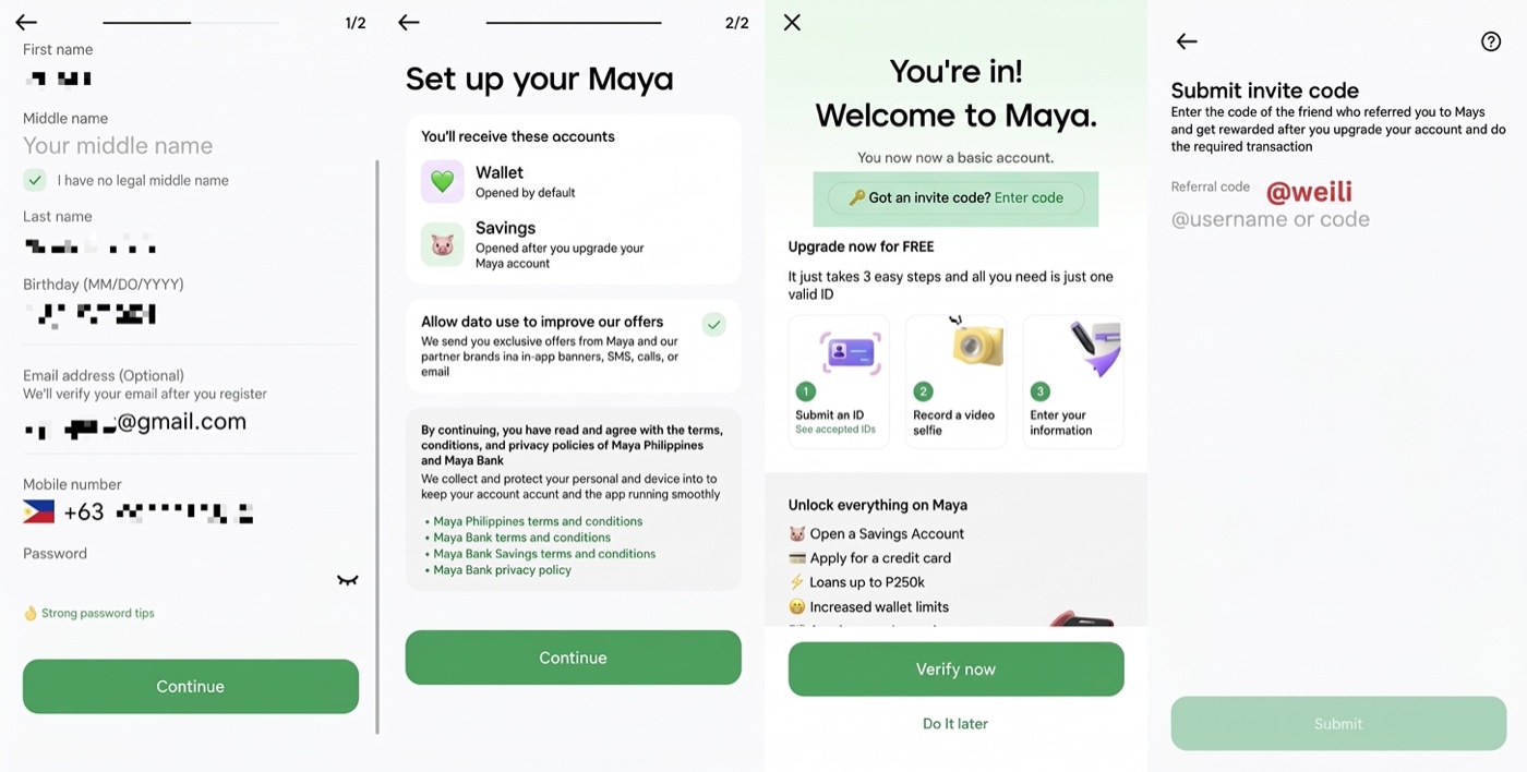 Maya sign-up flow: the first details form, the two accounts you receive (Wallet and Savings), and the 'You're in! Welcome to Maya' screen with the invite-code prompt.