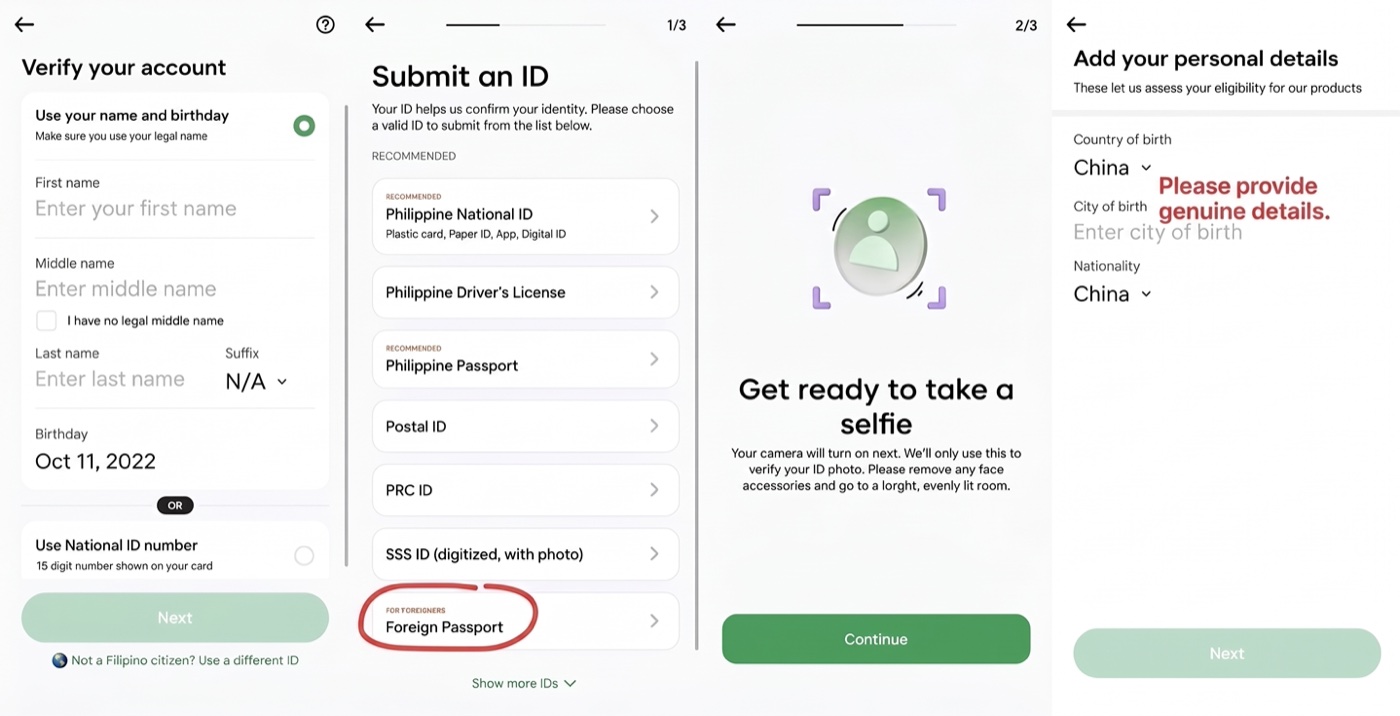 Maya KYC: the verify screen, the ID list with 'Foreign Passport' under FOR FOREIGNERS circled, the selfie step, and the 'Add your personal details' screen.