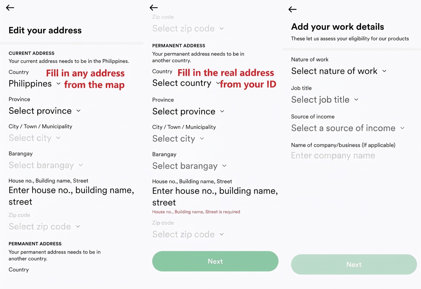 Maya KYC: the address screen with a Philippine current address and an overseas permanent address, plus the work-details screen.