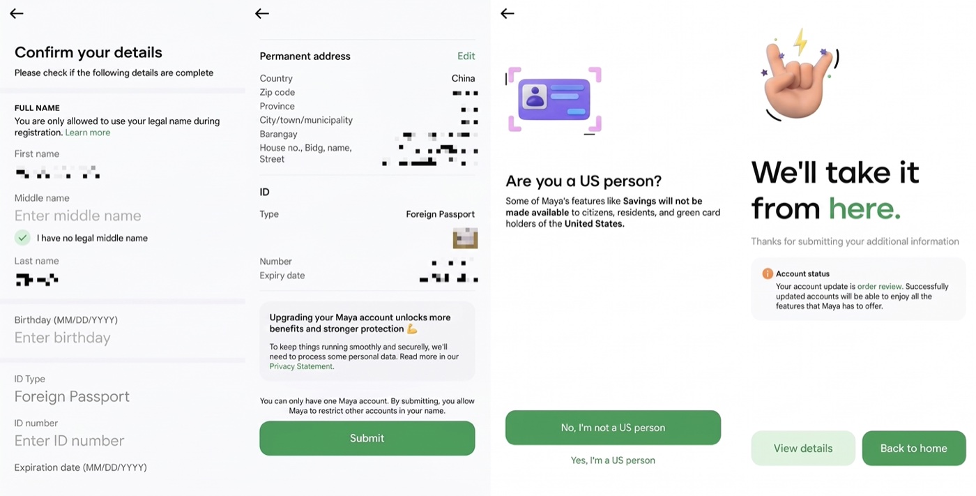 Maya KYC: the confirm-details screen with Foreign Passport, the 'Are you a US person?' question, and the 'We'll take it from here / under review' confirmation.