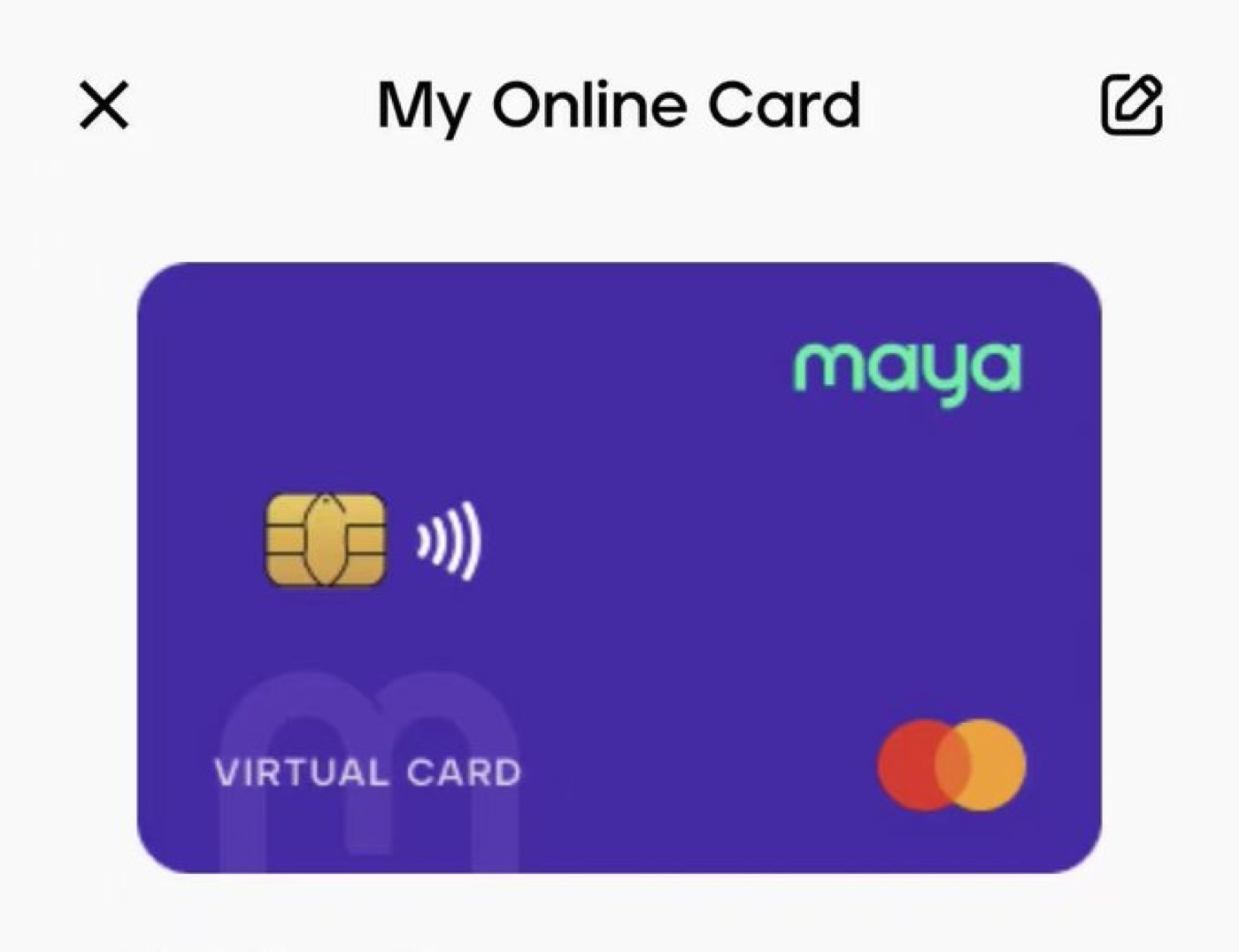 The Maya virtual card (My Online Card) — a purple Mastercard shown in the app.