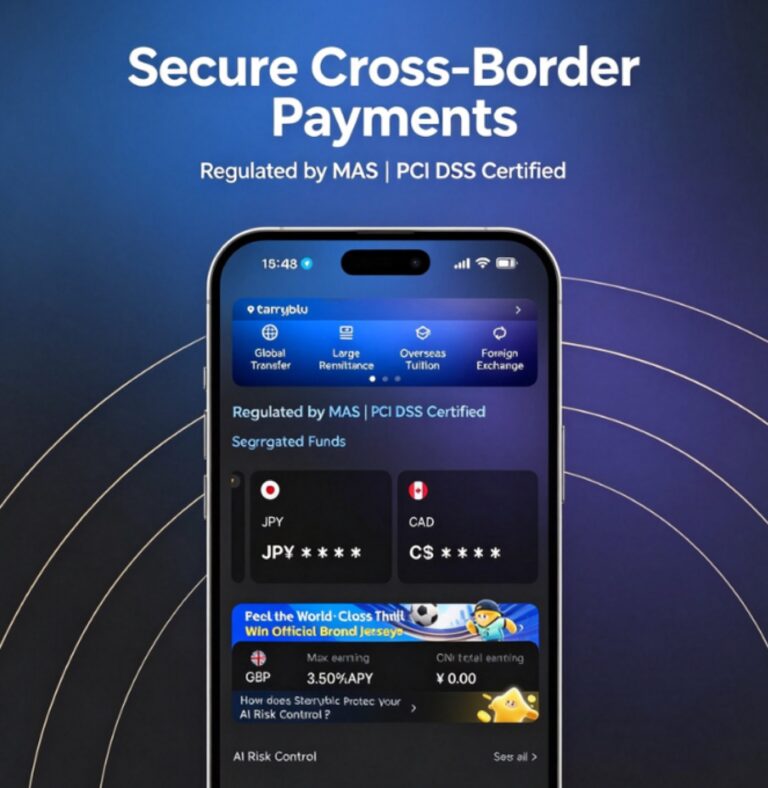 Starryblu app promo: secure cross-border payments, regulated by MAS and PCI DSS certified, showing multi-currency balances.