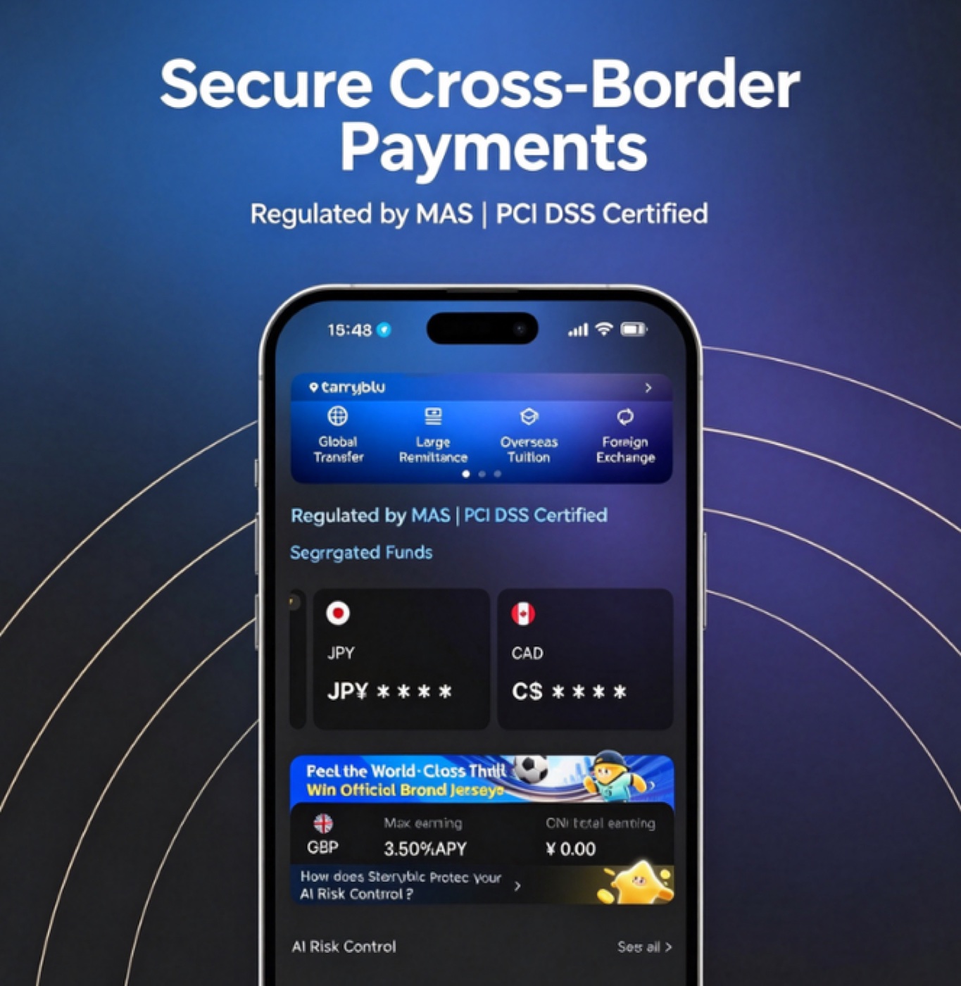 Starryblu app promo: secure cross-border payments, regulated by MAS and PCI DSS certified, showing multi-currency balances.