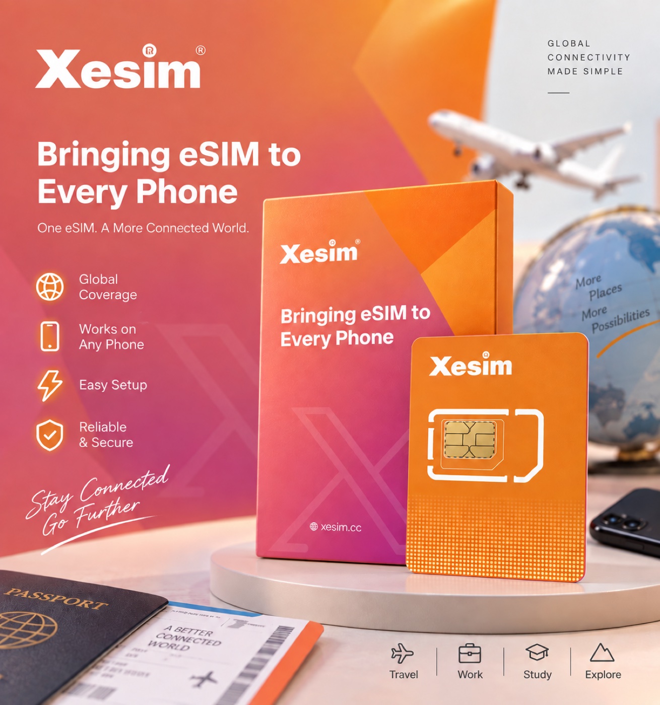 The Xesim physical card and its box — 'Bringing eSIM to Every Phone' — it looks just like an ordinary SIM card.