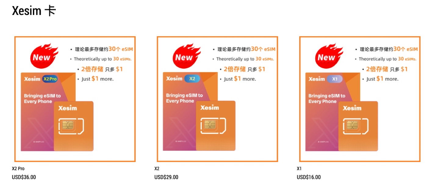 Xesim version comparison: X2 Pro $36, X2 $29, X1 $16 — each can store up to about 30 eSIMs.